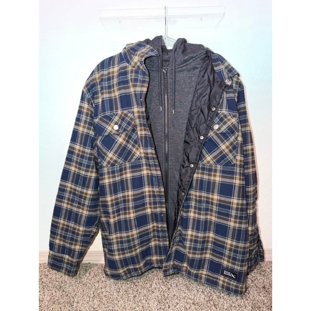 Eddie Bauer Mens Plaid Hooded Flannel Shirt Jacket Quilted Lined Blue Tan Large
